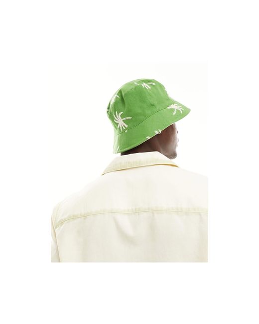 ASOS Green Reversable Bucket Hat With Leaf Embroidery Print for men