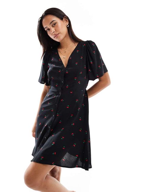 Vero Moda Black Button Through Mini Skater Dress With Cherry Print