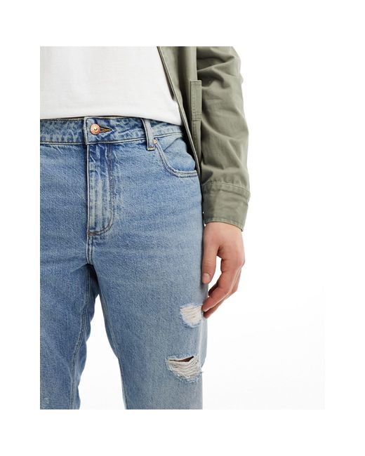ASOS Blue Classic Rigid Jeans With Rips for men