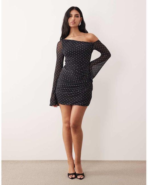 ASOS Mini-Jurk Van Mesh Met Blote Schouder En Uitlopende Mouwen in het Black