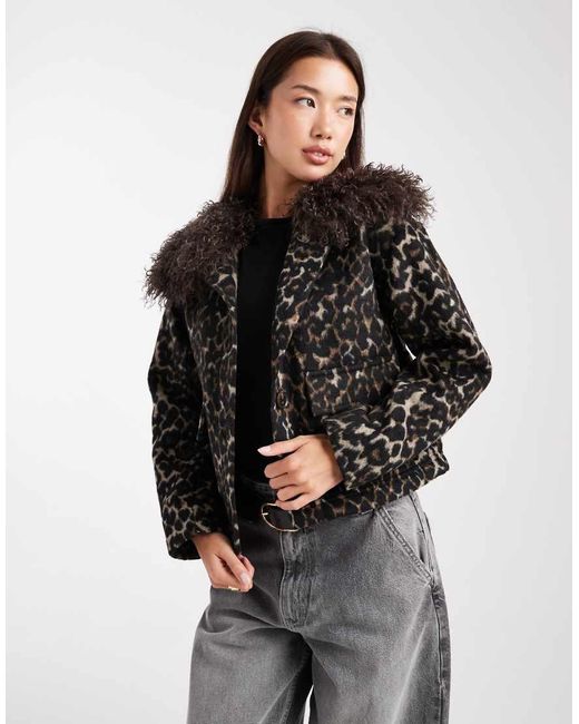 Wednesday's Girl Black Faux Fur Trim Leopard Print Jacket