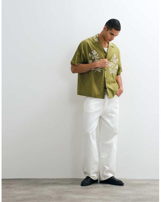 ASOS Green Oversized Shirt With Floral Embroidery for men