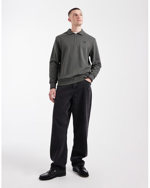 Fred Perry Gray Quarter Zip Logo Polo Sweatshirt for men