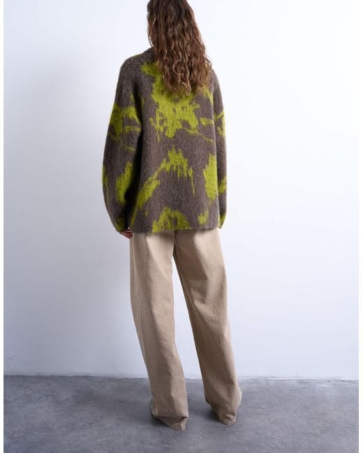 TOPSHOP Green Knit Blurred Floral Sweater