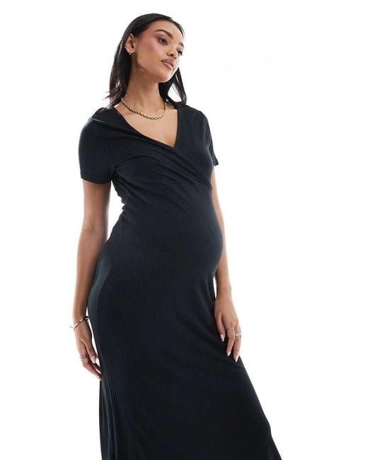 Mama.licious Blue Mamalicious Maternity Short Sleeved Ribbed Jersey Maxi Dress
