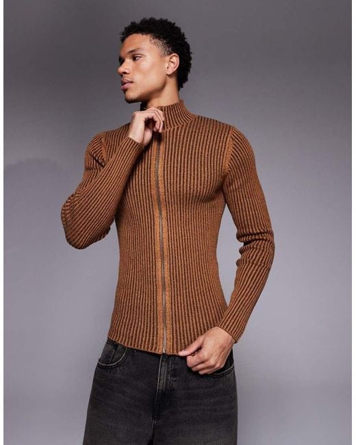 ASOS Gray Muscle Fit Knitted Rib Zip Through Jacket for men