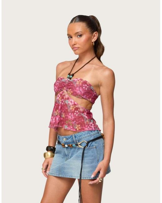 Edikted Red Solana Floral Cut Out Halter Top