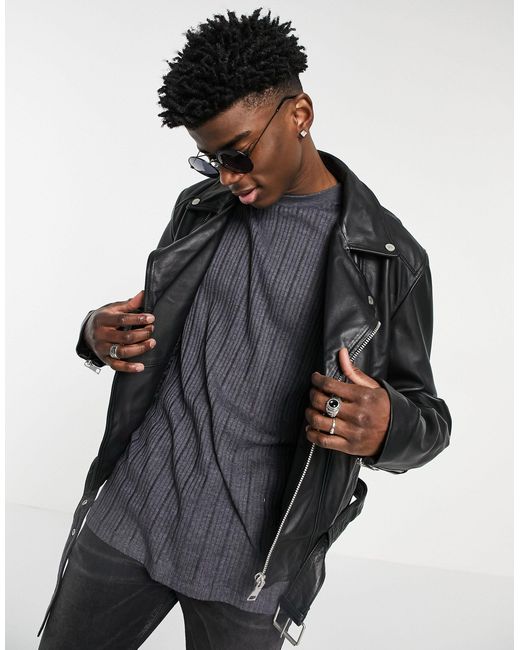 ASOS Black Cropped Real Leather Biker Jacket for men