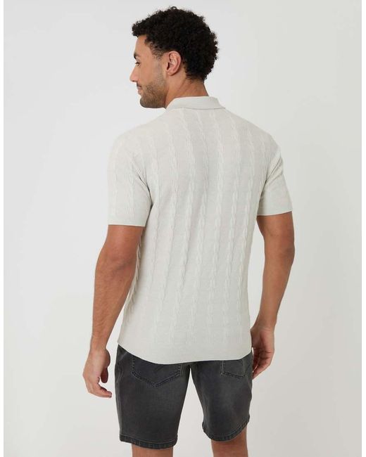 Threadbare White Cable Stripe Knitted Button Polo for men