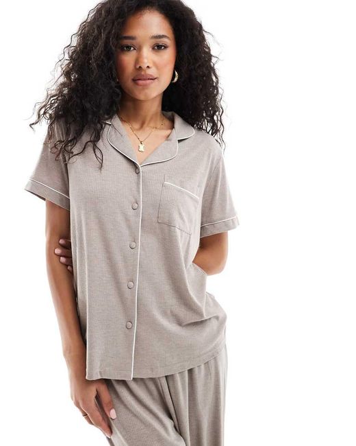 Loungeable Natural Soft Rib Jersey Button Short Sleeve With Trouser Pyjamas