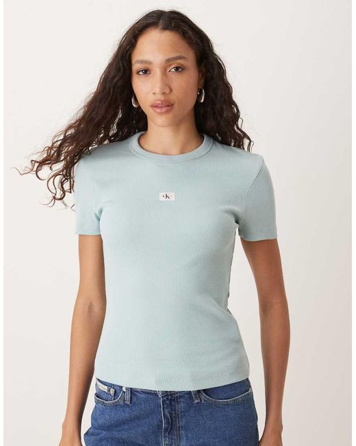 Calvin Klein Aansluitend Geribbeld T-Shirt Met Geweven Label in het Blue