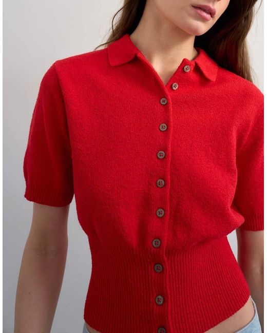 TOPSHOP Red Fine Knitted Towelling Cinch Waist Polo