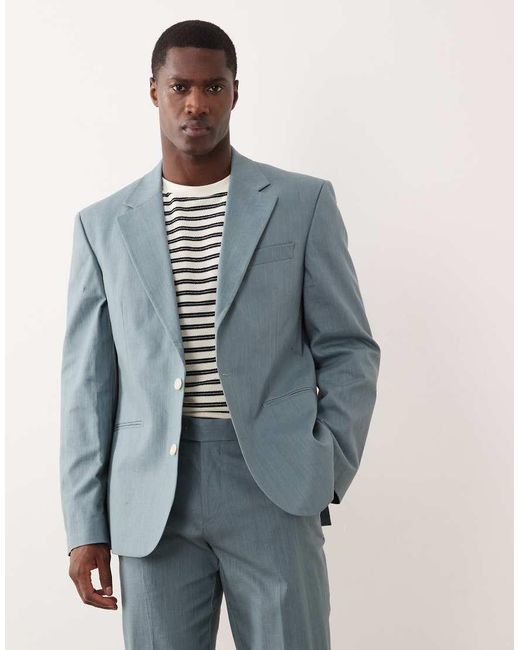 ASOS Blue 100% Cotton Linen Look Slim Suit Jacket for men