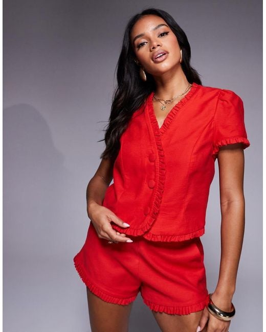 River Island Red Linen Ruffle Top Co-Ord