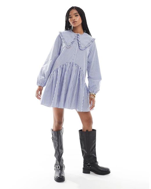 Miss Selfridge Blue Stripe Oversized Collar Smock Dress