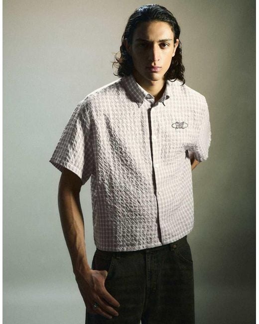 Bershka Gray Short-Sleeved Boxy Print Shirt for men