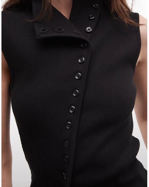 Weekday Black Asymmetric Button Down Mock Neck Top