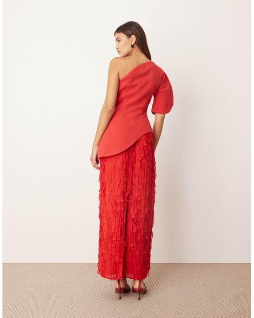 ARRANGE Red Sculptural One Shoulder Texture Hybrid Maxi Dress