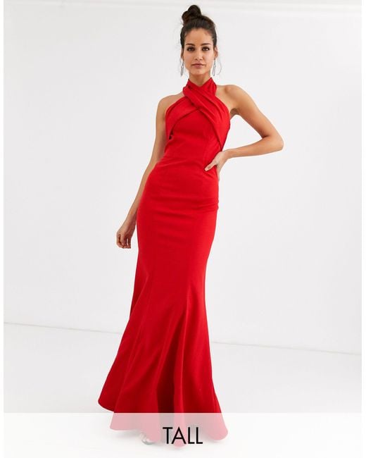 Chi Chi London Red Cross Over Halter Neck Maxi Dress