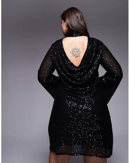 Jaded Rose Plus Black High Neck Cowl Back Sequin Mini Dress