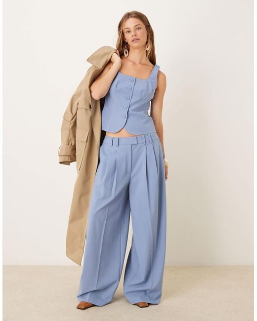 ASOS Blue Tailored Low Rise Pleated Super Wide Leg Suit Trousers