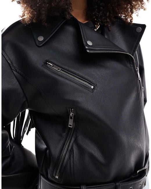 Stradivarius Black Faux Leather Tassle Detail Biker Jacket