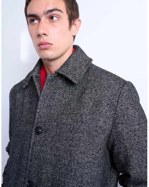 Topman Black Herringbone Wool Blend Overcoat for men