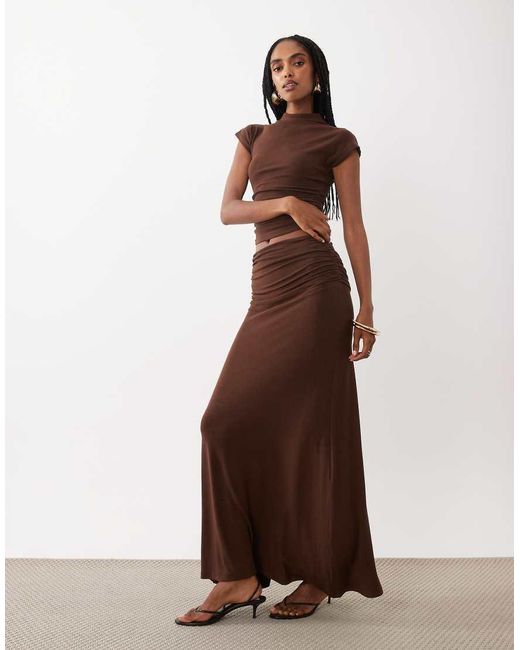4th & Reckless Brown Fold-over Ruched Side Maxi Skirt