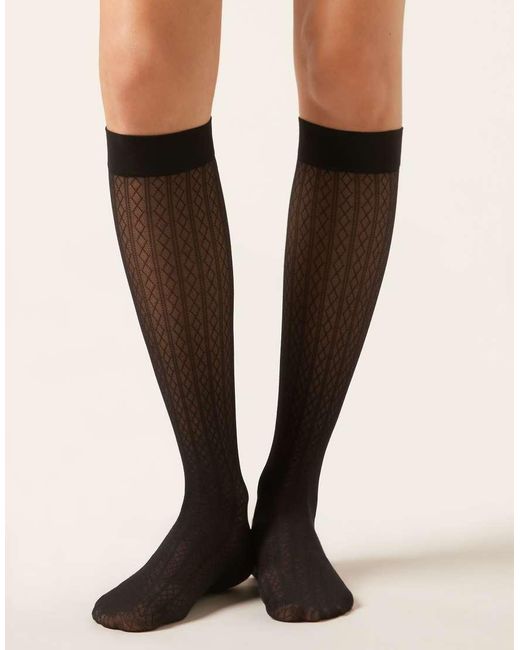 Calzedonia Black Diamond-Patterned Knee-High-Socks