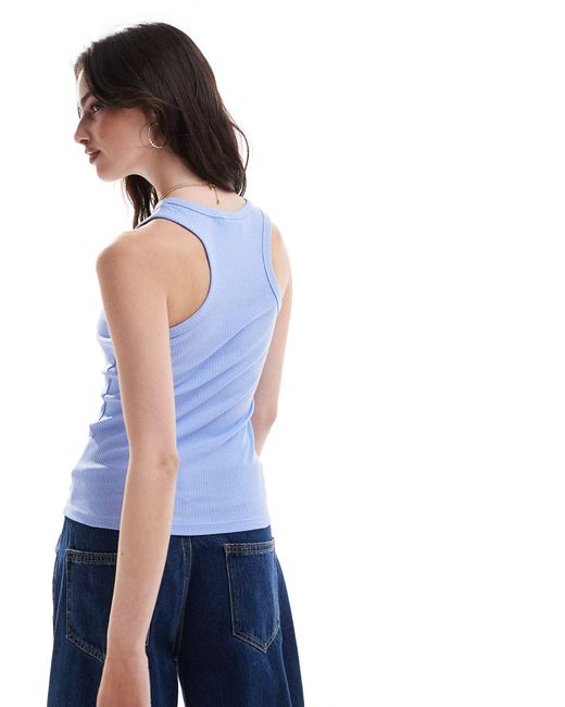 Pieces Blue Ribbed Racer Neck Top
