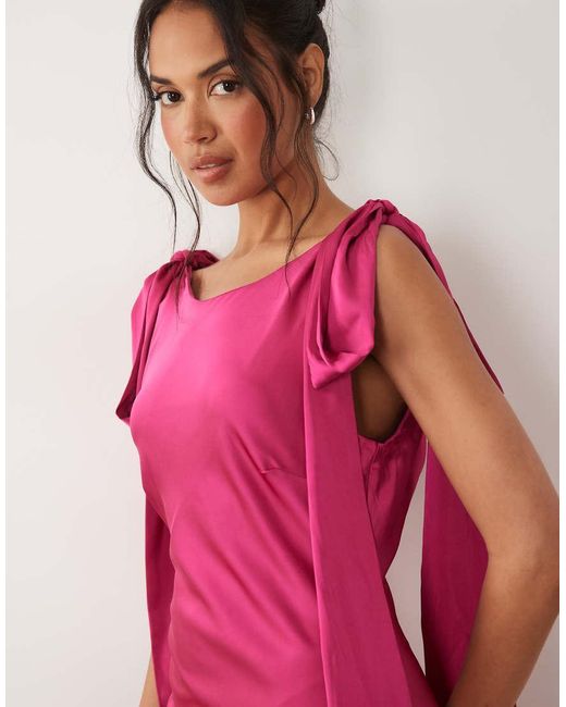 TFNC London Pink Satin Bow Shoulder Low Back Maxi Dress