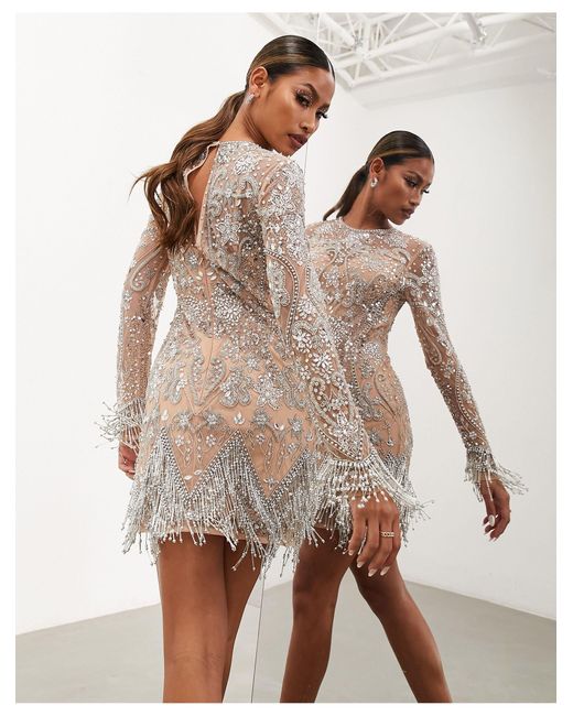 ASOS Embellished Mini Dress With Beaded Fringe Hem in Natural | Lyst