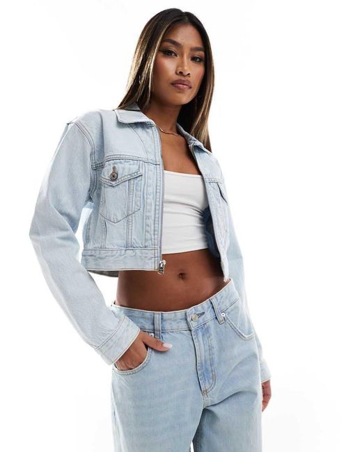 Abercrombie & Fitch Blue Cropped Denim Jacket With Zip Front