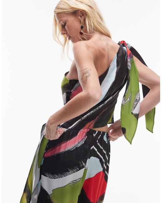 TOPSHOP White – satin-oberteil mit seitlichem bindedetail, one-shoulder-träger und schalmuster