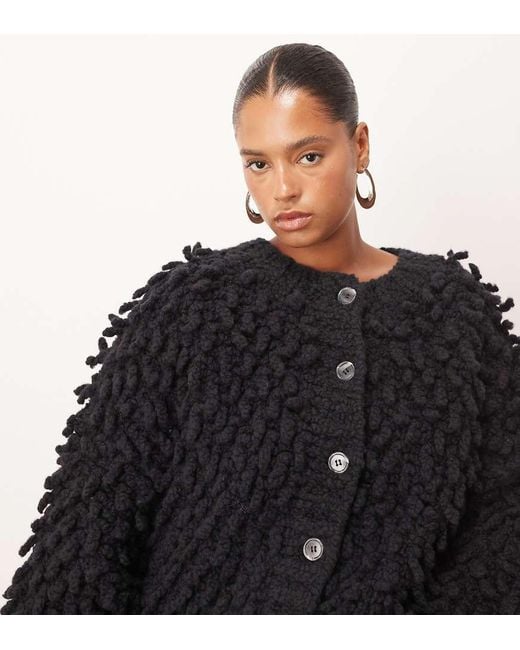 ARRANGE Black Curve Wool Hand Knit Ultimate Loop Fringe Cardigan