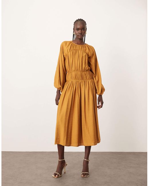 red midi smock dress In Loom Satin Smocked Midi Dress