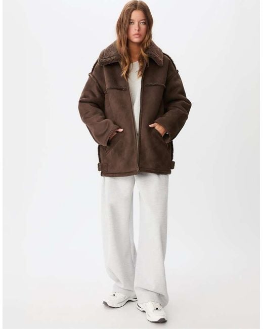Stradivarius Brown Faux Shearling Lined Coat With Seams