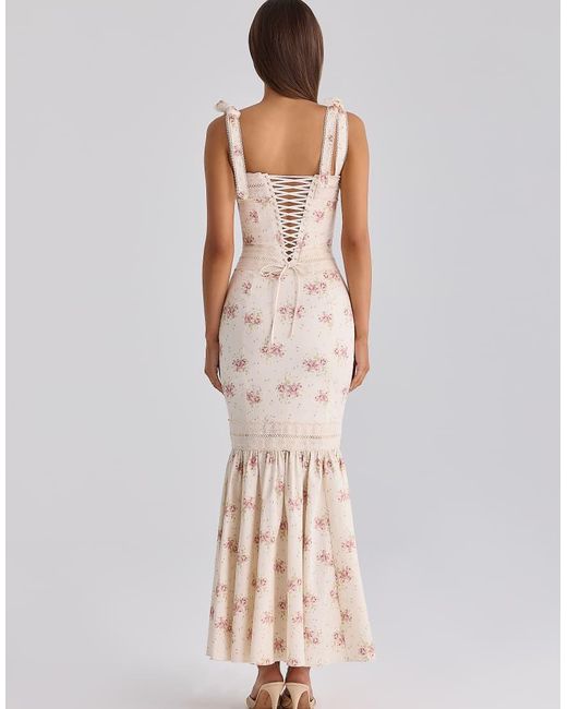 House Of Cb Natural Alessina Ivory Vintage Rose Print Cotton + Lace Maxi Dress