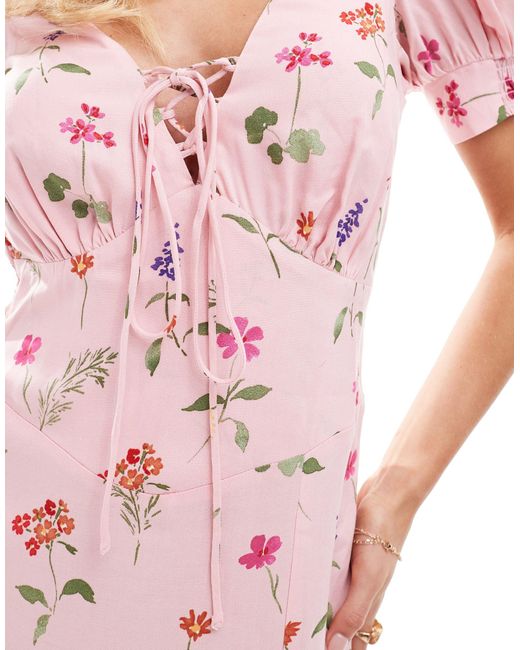 ASOS Pink Asos Design Petite Puff Sleeve Lace Up Midi Dress
