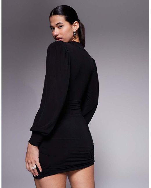 Ruched & Ready Blue Focus On Me Removable Shoulder Pad Detail Sculpting Plunge Neck Balloon Sleeve Mini Dress