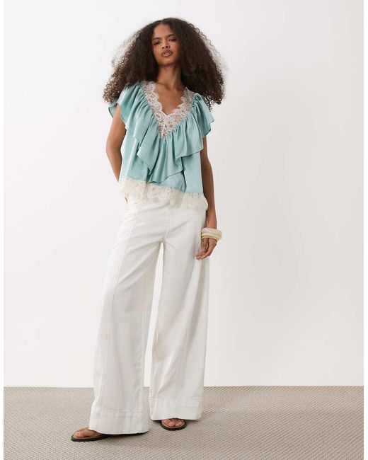 ASOS Blue Lace Insert Satin Tiered Blouse