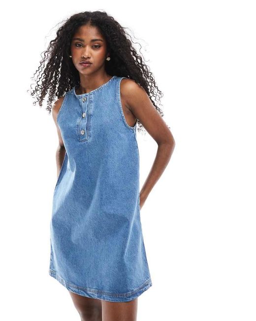 ASOS Rechtvallende Denim Mini-Jurk Met Knoopdetail in het Blue