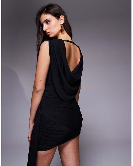 HEIRESS BEVERLY HILLS Black Mesh Cowl Neck Drape Detail Open Back Mini Dress