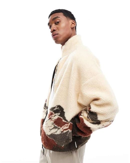 Jack & Jones Natural Mountain Print Zip Through Borg Fleece for men