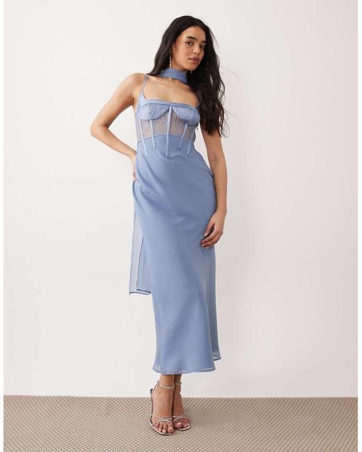 ASOS Blue Cami Satin And Lace Slip Midi Dress With Scarf Detail