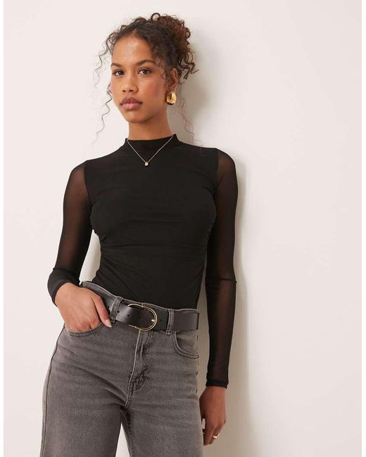 New Look Black Mesh Ruched Side Long Sleeve Thong Bodysuit