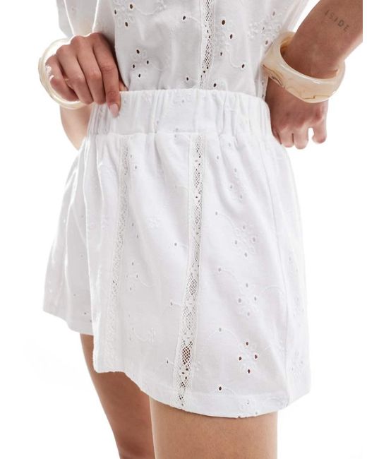ASOS White Broderie Tie Waist Shorts With Lace Trim Inserts