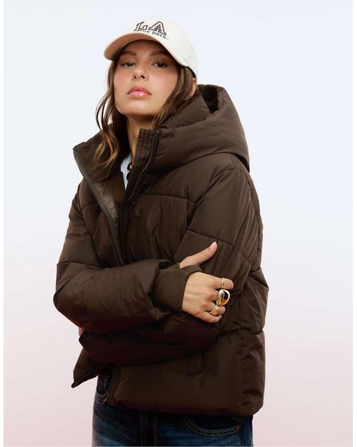 Stradivarius Brown Basic Hooded Puffer Jacket