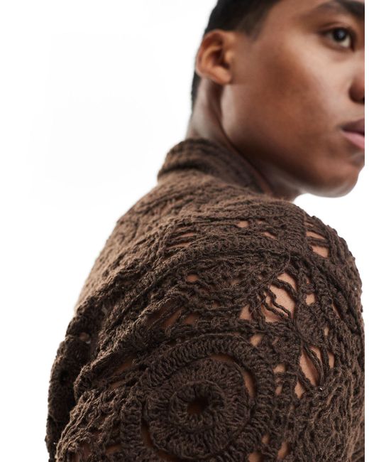 Bershka Brown Crochet Boxy Shirt for men
