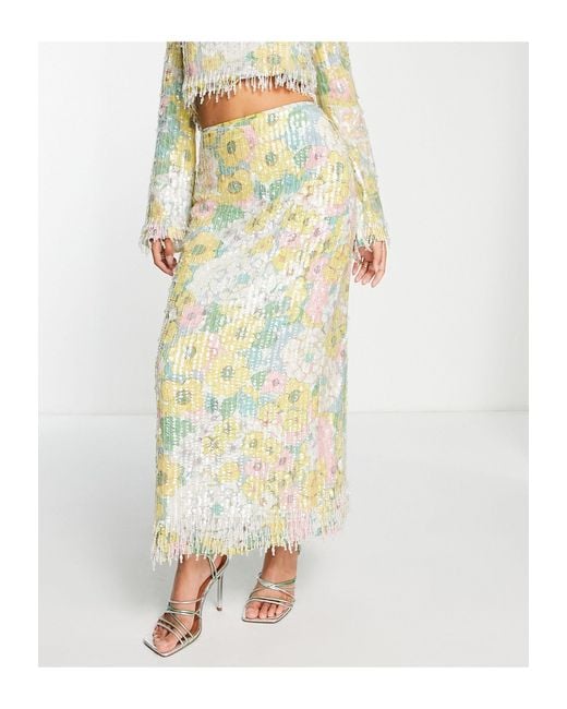 ASOS Multicolor Pastel Floral Print And Sequin Midi Skirt With Fringe